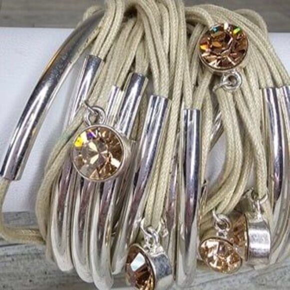 Gillian Julius Multi Strand Sand Color & Rhinestone, Silver Tube Bracelet 8"L - Picture 2 of 4